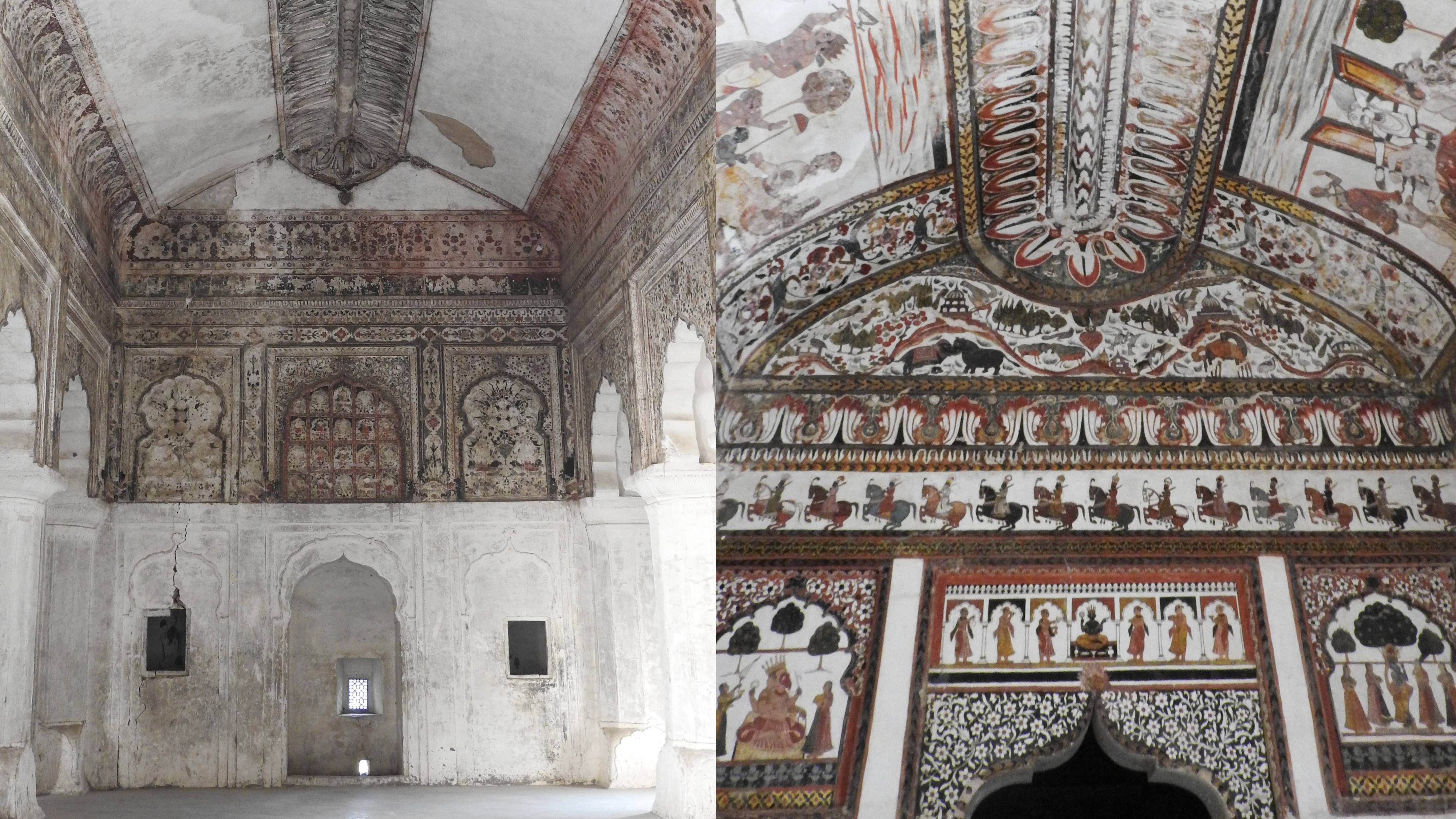 The interiors of the Raja Mahal are richly decorated with murals depicting folklore and mythology.