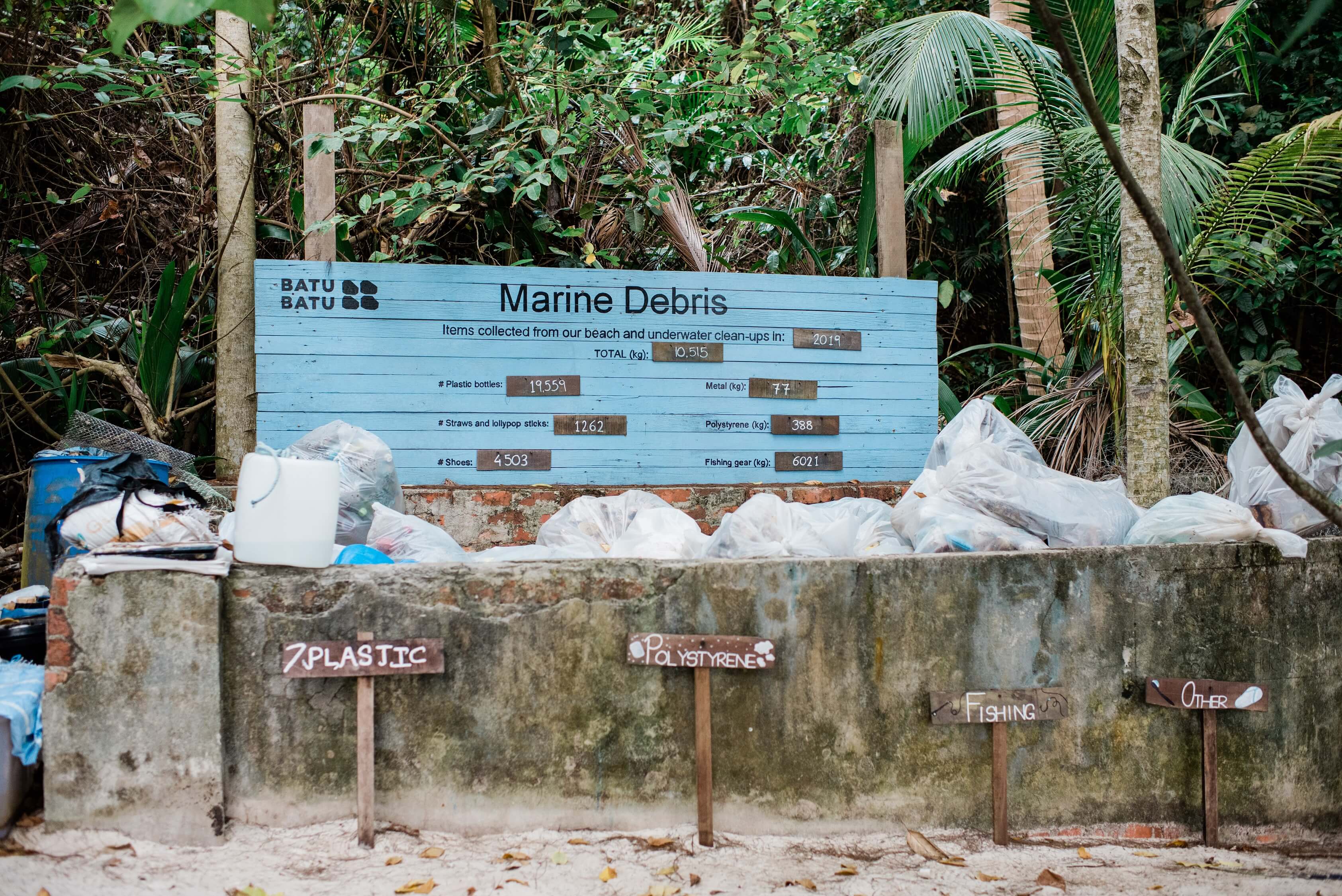 The waste collected on Tengah is sorted and sent to Clean & Happy Recycling in Mersing. In 2018 and 2019, they collected close to 23,080 kg of mixed marine debris (which included 44,140 individual plastic bottles) and removed 10.56 tonnes of “ghost gear” such as lost fishing nets. Photo by Kenny Ng