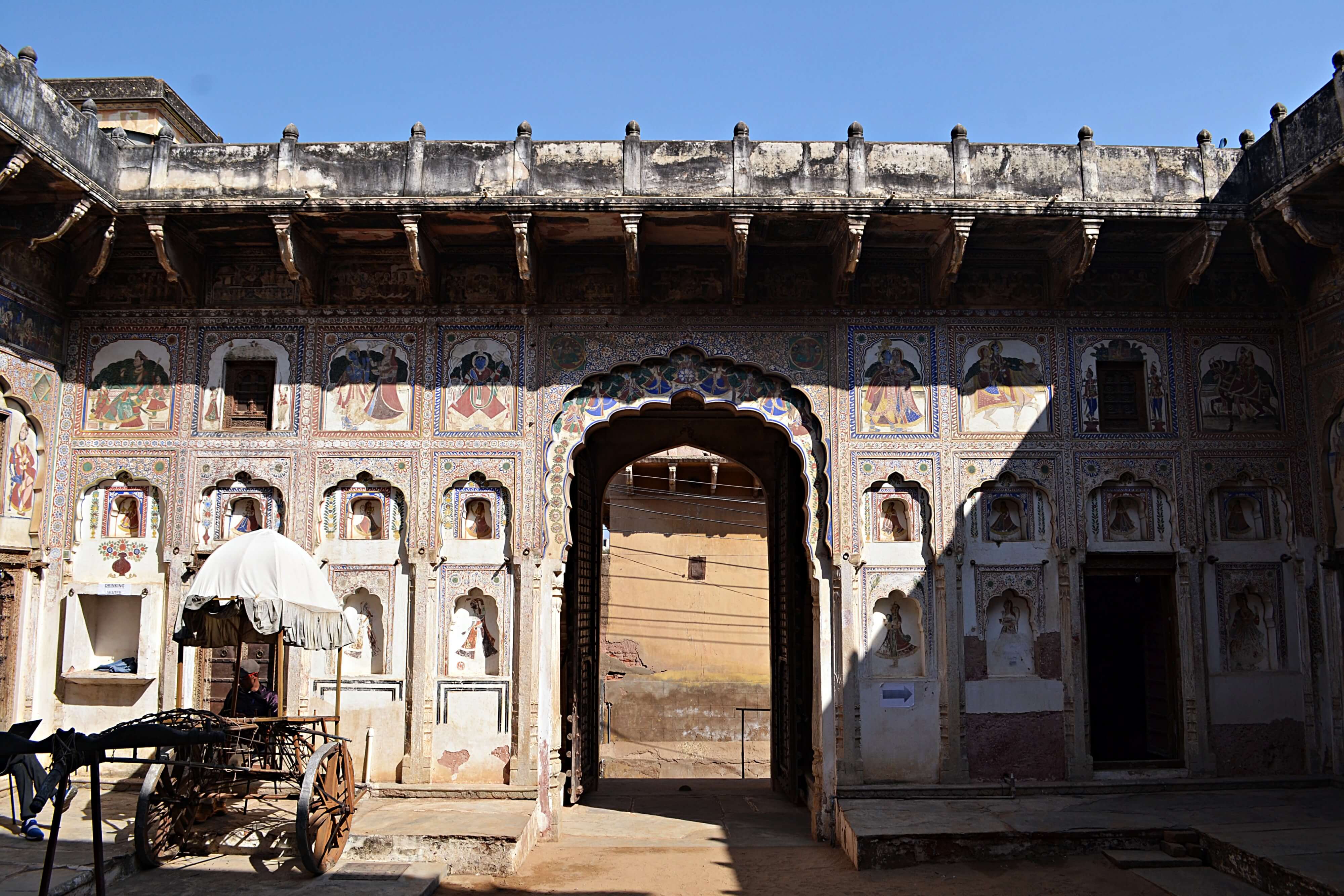 A walk through Nawalgarh’s streets is a chance to lose yourself in the faded splendor of the 18th century, when wealthy merchants built havelis like this one — Uttara Morarka Haveli — all over the town.