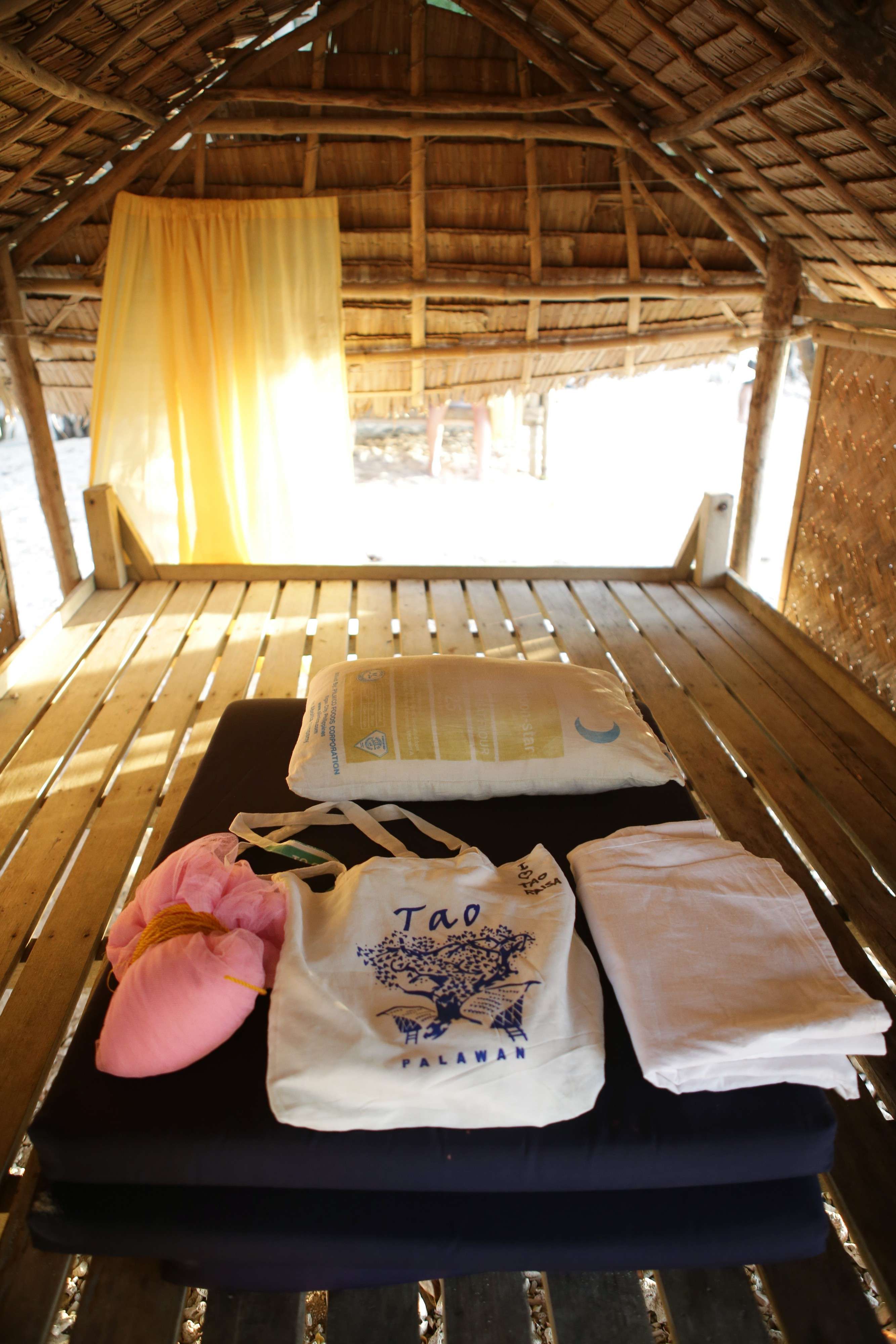 Inside a Tuka hut: The towels, bed linens, tote bags and other amenities provided to guests are all locally made by the islanders, who are also encouraged to create products for clients other than Tao, so that their business and incomes can grow.