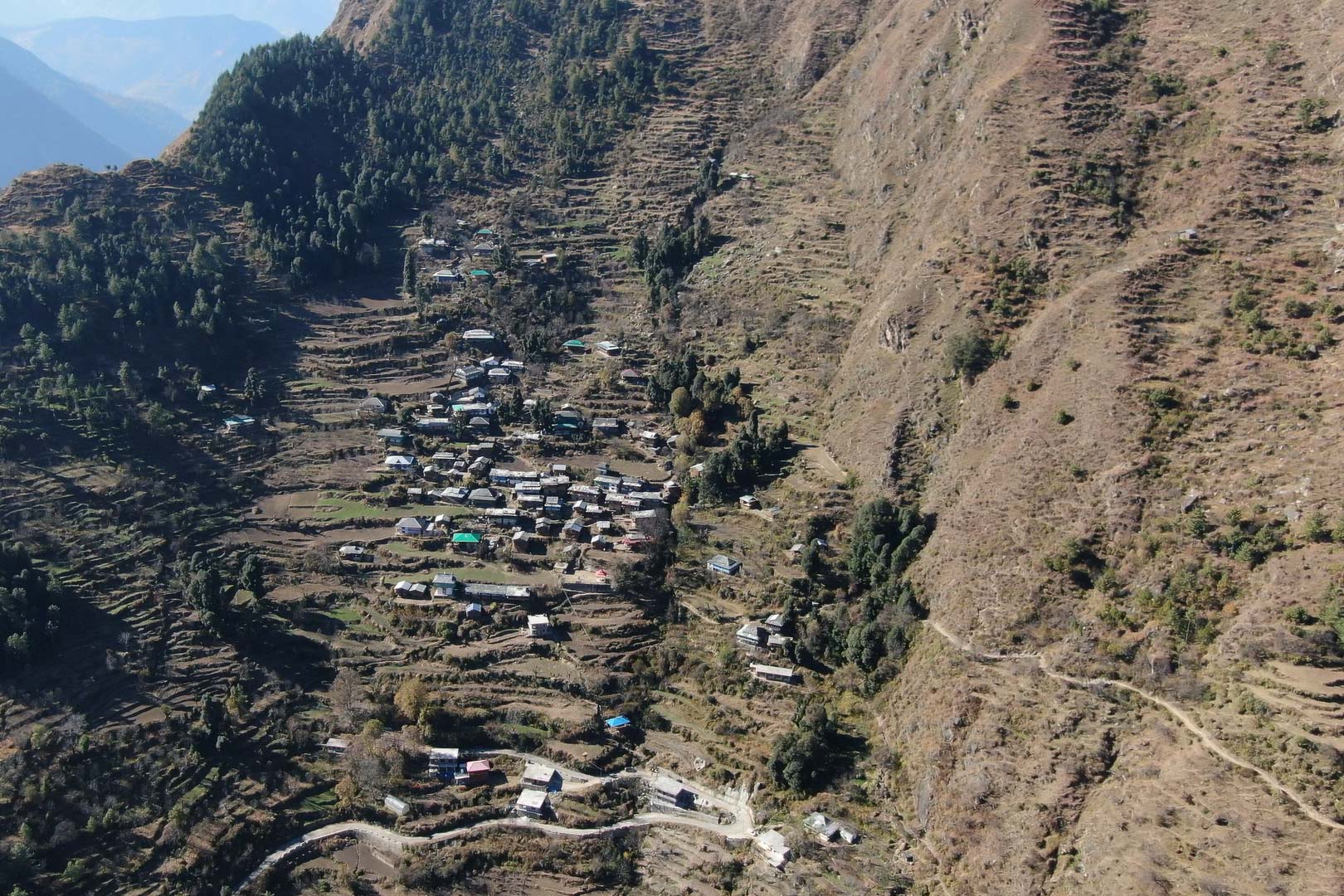 The funds go towards planting and maintaining the trees, which is carried outby the local community. Pictured is an eroded hillside, before it was partially reforested in October 2020. Photo from Himalayan Ecotourism