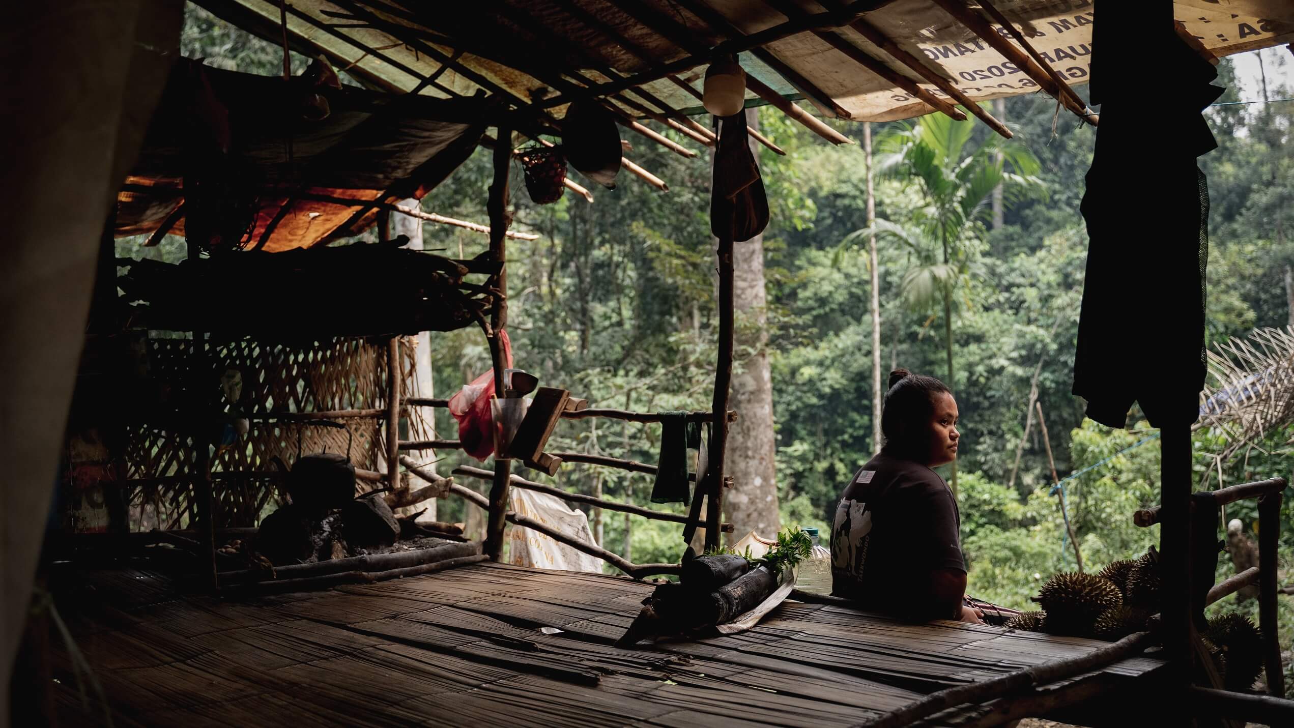 A woman sits on a wooden patio facing the a lush forest in Kampung Gurney.