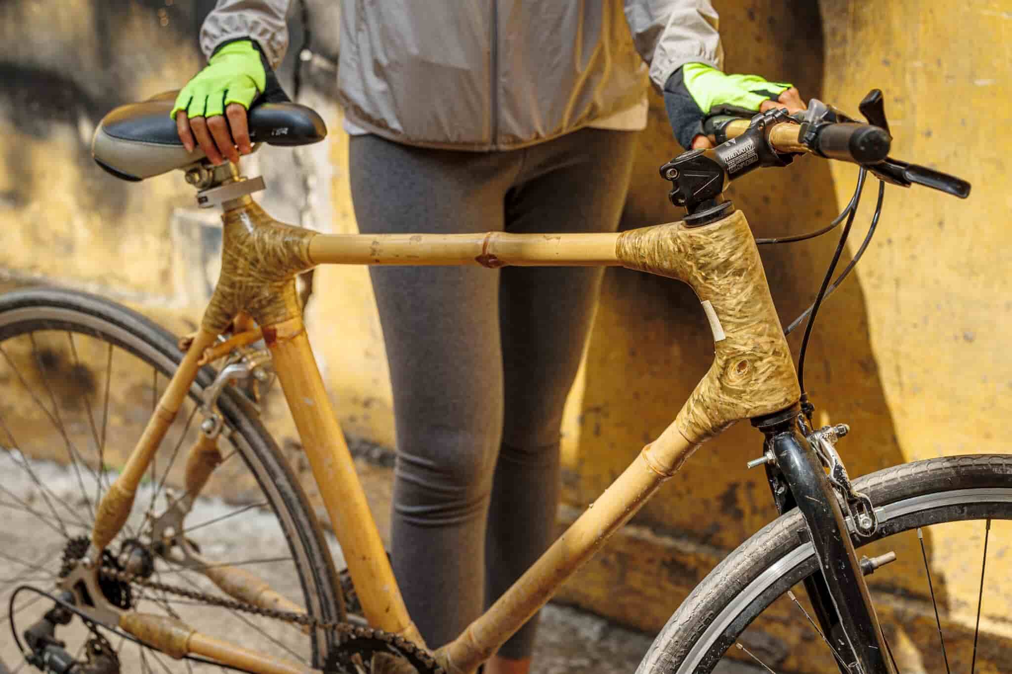 A bicycle made of bamboo seen up close. 