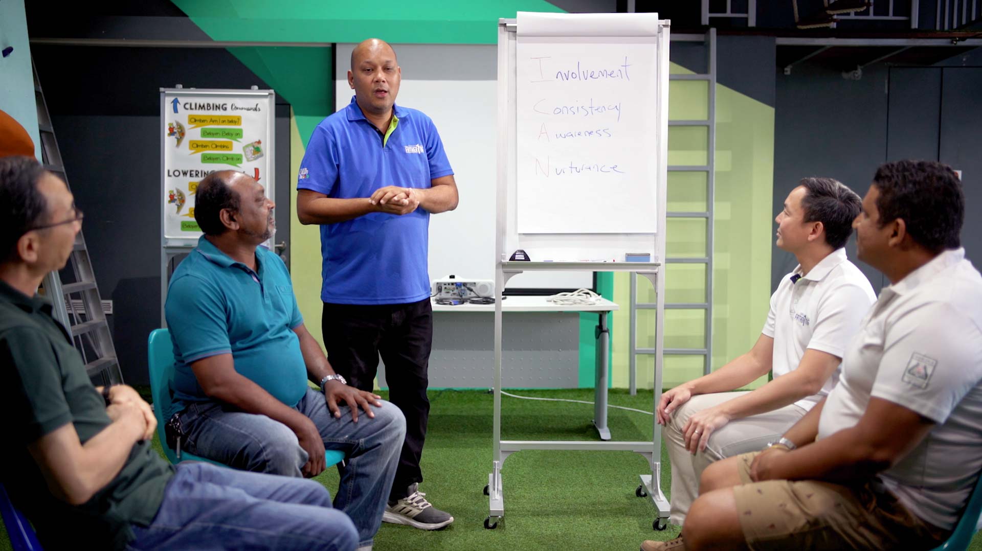 A man standing next to a presentation, addressing 4 seated men