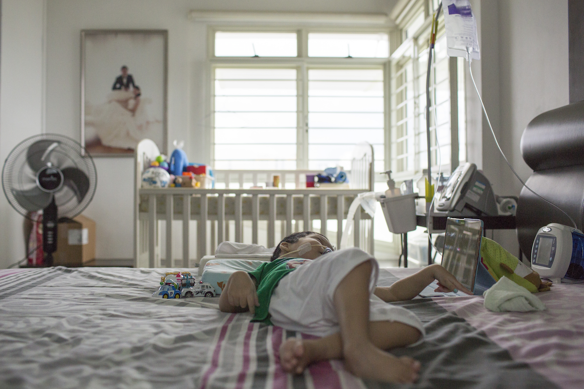 The family has had to invest in expensive home-care equipment for Caelen's medical needs. He requires interventions such as tube-feeding and respiratory support to maintain his health
