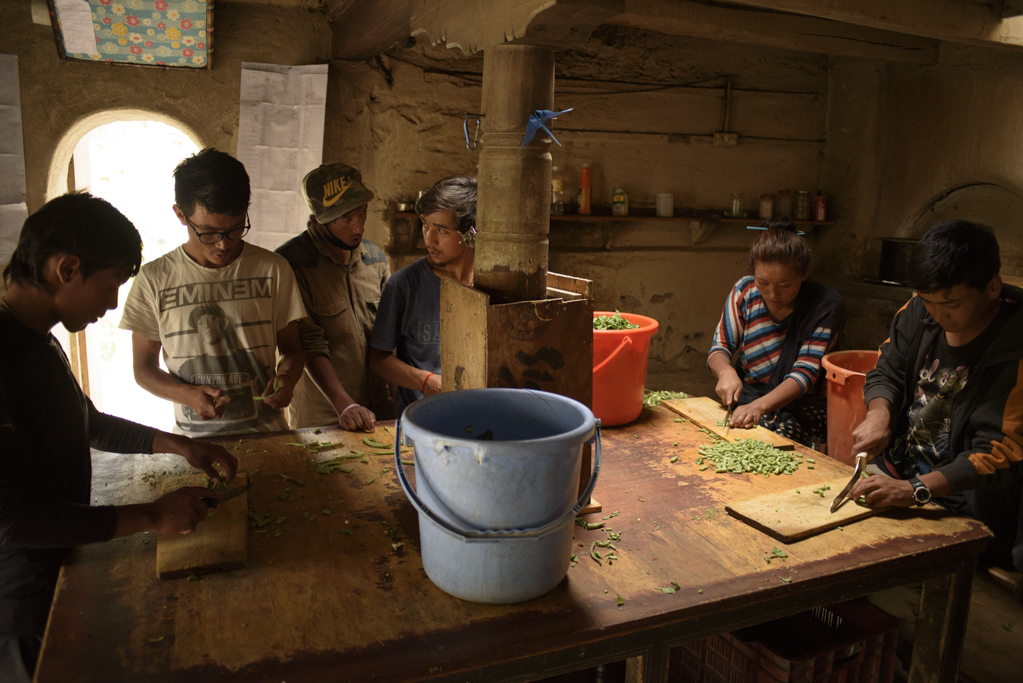 A group of students help with peeling and cutting vegetables.